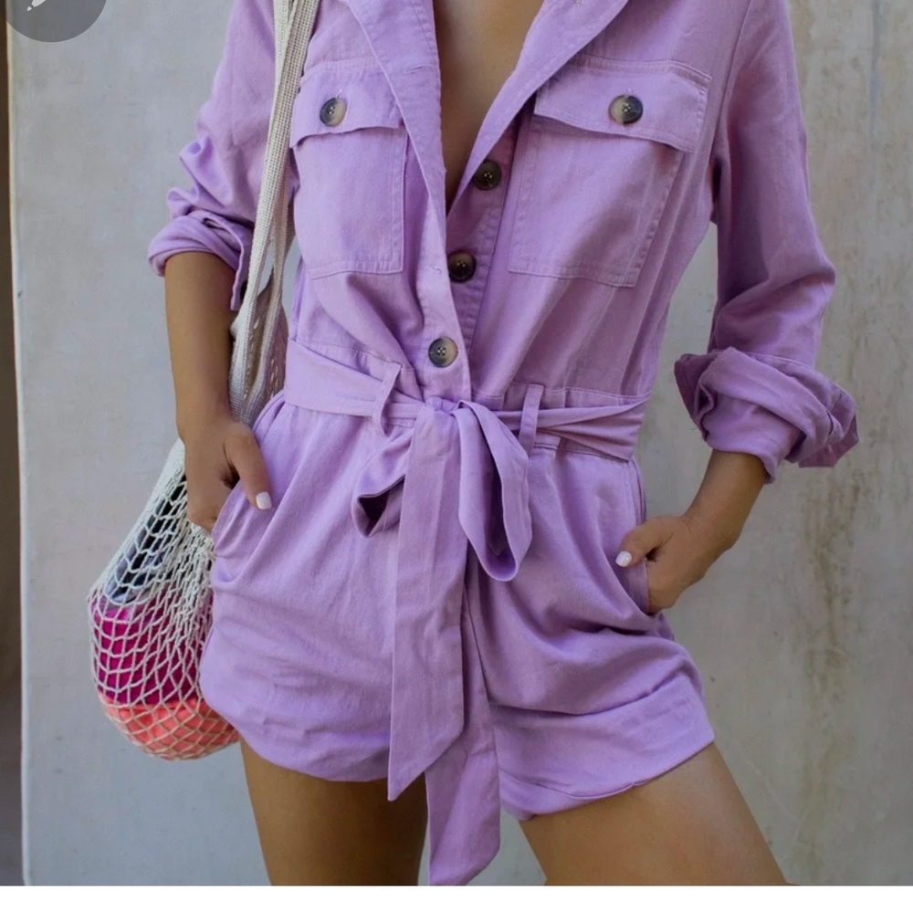 Express X Rocky Barnes Women’s Size XS Lilac Long-Sleeve Button Romper.